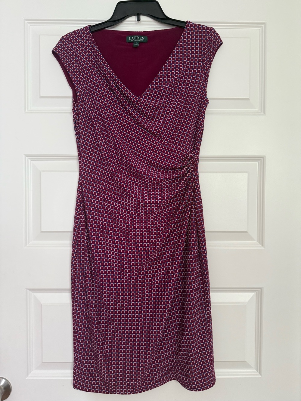 Ralph Lauren Burgundy Geometric Faux-Wrap Midi Dress